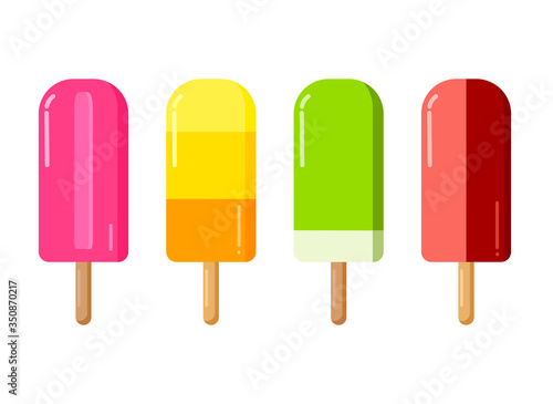 Flat yummy ice creams on white isolated background. Tastes of different fruits and berries. Summer fresh set.