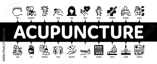 Acupuncture Therapy Minimal Infographic Web Banner Vector. Human Head And Hand, Ear, Face And Body Acupuncture, Doctor And Patient, Needles Tool Illustrations