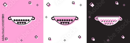 Set Kitchen colander icon isolated on pink and white, black background. Cooking utensil. Cutlery sign. Vector