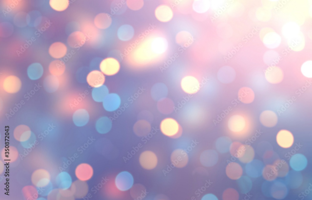Golden sparkles on lilac empty background. Bokeh abstract texture. Holiday blur pattern. Festive shimmer defocus illustration.