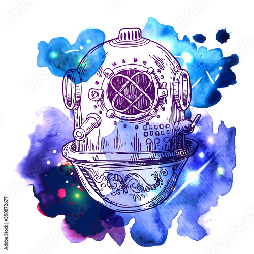 Old vintage diving helmet. Hand drawn vector illustration.