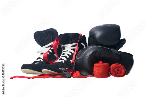 sports uniform and equipment, on a white background, gloves, boots, whistle and boxing bandages