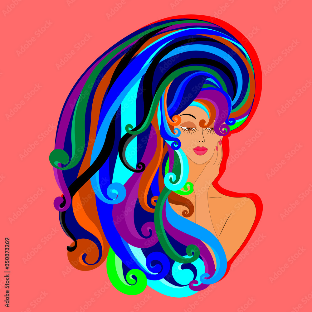A flat drawing of a girl's face with long hair. Beautiful hairstyle with blue curls on a red background. Vector