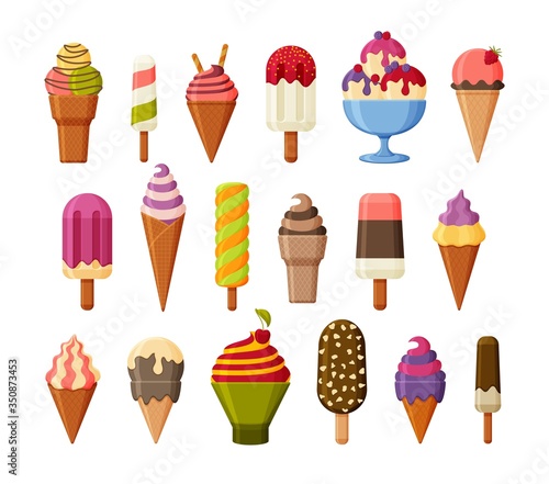Set of delicious ice cream icons. Fruit, vanilla and chocolate flavors. Ice lolly, sundae in cone and eskimo. Vector illustration