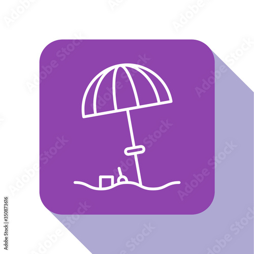 White line Sun protective umbrella for beach icon isolated on white background. Large parasol for outdoor space. Beach umbrella. Purple square button. Vector