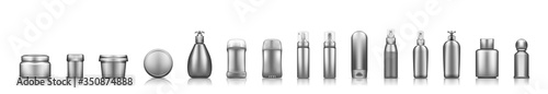 Silver cosmetic bottles mockup on white background: soap, shampoo, cream, lotion, deodorant. Plastic package design. Blank cosmetic, hygiene and skin care template. Set of 3d vector illustrations