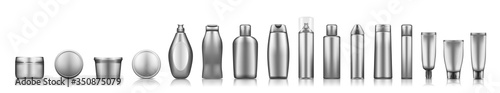 Silver cosmetic bottles mockups on white background: lotion, cream, shampoo, shower gel. Plastic package design. Blank cosmetic, hygiene and skin care template. Set of 3d vector illustrations