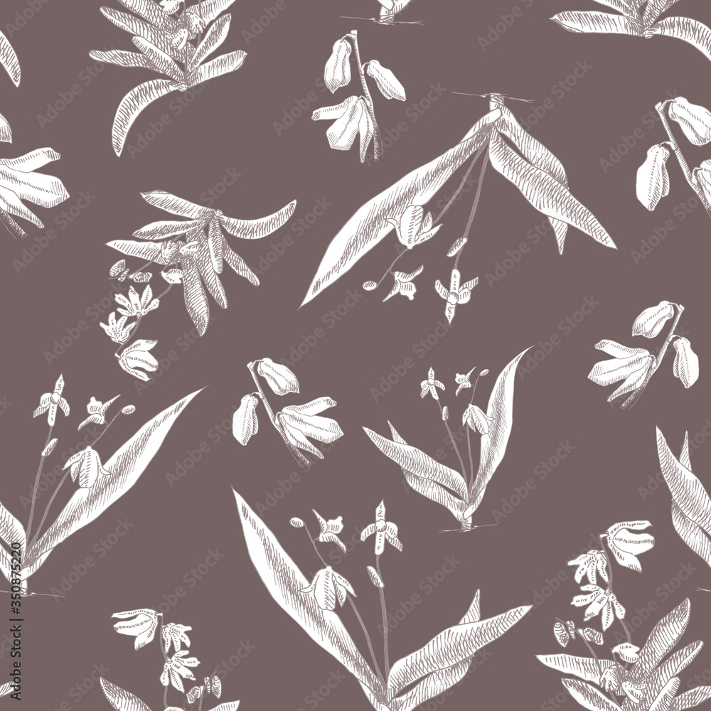Fototapeta premium Botanical seamless pattern. The first spring flowers hand drawn in brown colors. Use for fabric, wrapping paper, wallpaper. Scilla, Scylla