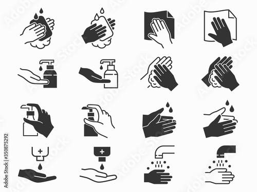 Hand washing icons set. Black vector illustration.