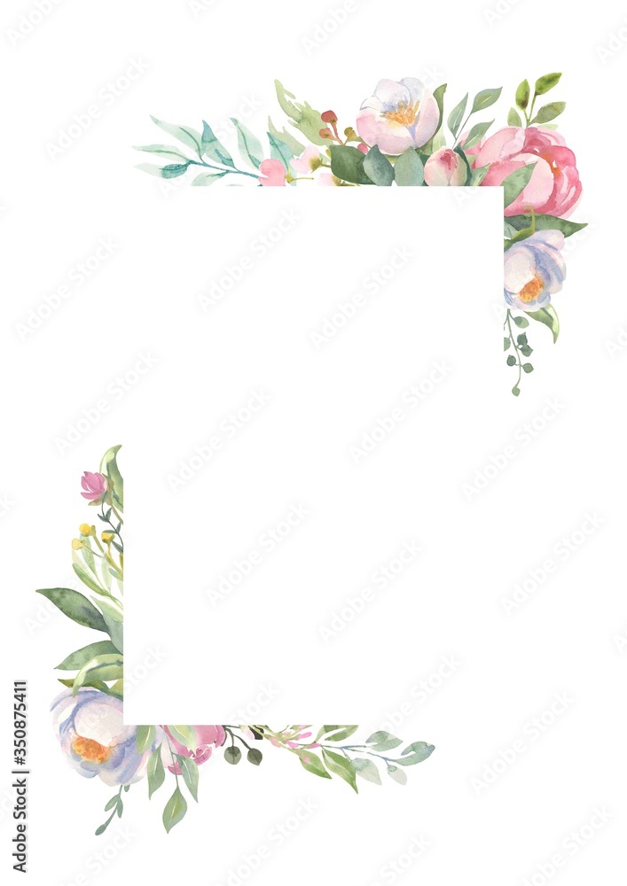Fototapeta premium Watercolor hand painted frame with roses, green leaves. Wedding invitations, greeting cart. 