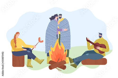 Camping concept. A group of people have fun outdoors. A woman is cooking sausages at the stake. A man plays the guitar. Vector illustration
