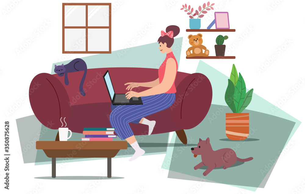 Woman with a little cat sleeping on the sofa and dog. Work Frome Home with a Notebook, Smartphone and Documents. Stop Virus epidemic outbreak.
Reduce the epidemic concept. Flat Design Illustration Woman with a little cat sleeping on the sofa and dog. Work Frome Home with a Notebook, Smartphone and Documents. Stop Virus epidemic outbreak.
Reduce the epidemic concept. Flat Design Illustration