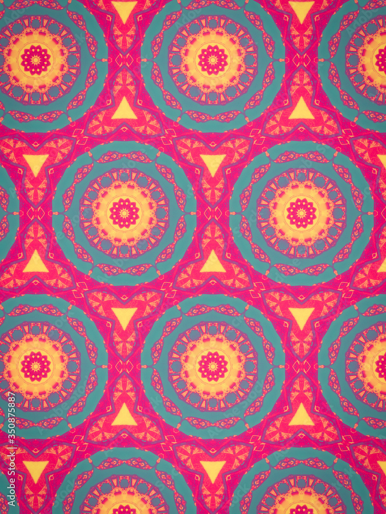 Abstract complex vintage circles background in vibrant colors. Detailed retro illustration. Colorful circles in red, pink, lila, blue and yellow.