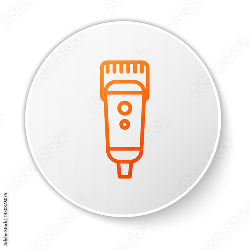 Orange line Electrical hair clipper or shaver icon isolated on white background. Barbershop symbol. White circle button. Vector Illustration
