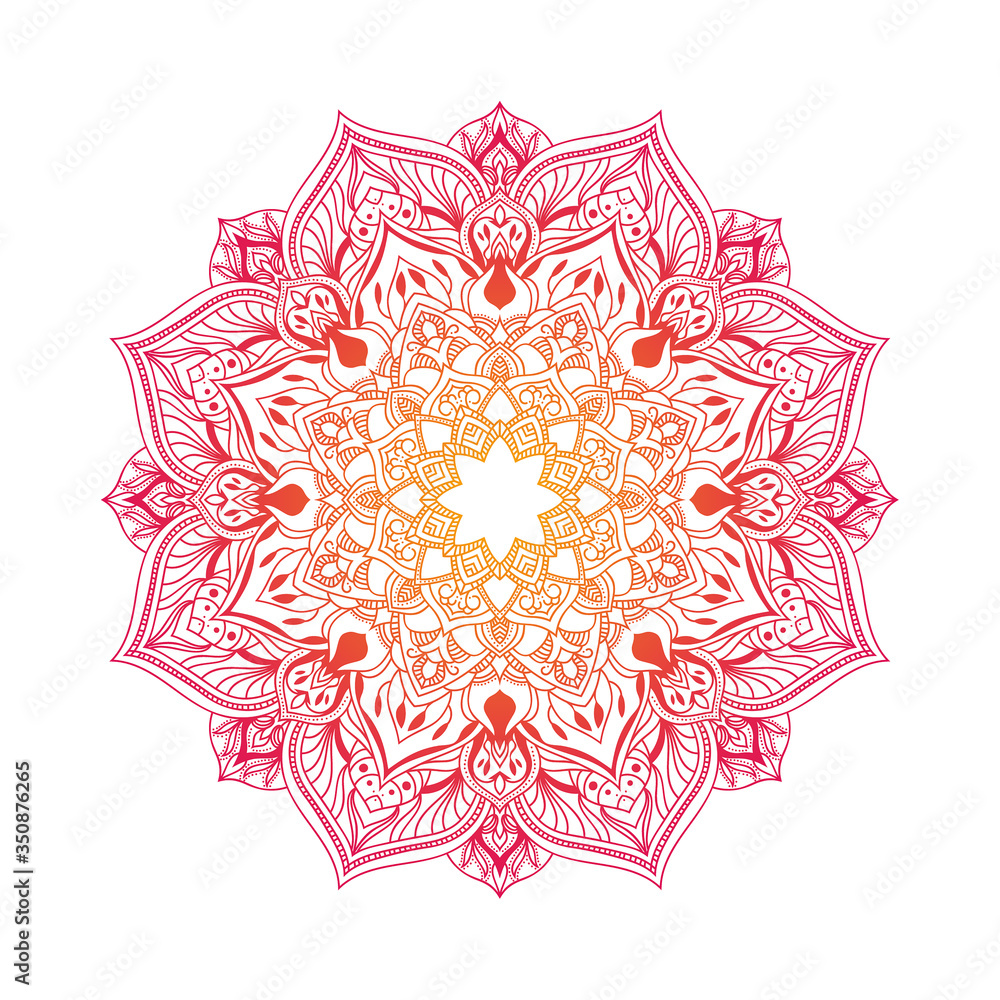 Round hand drawn floral mandala. Oriental vector illustration red orange color.