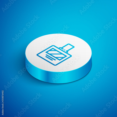 Isometric line Aftershave icon isolated on blue background. Cologne spray icon. Male perfume bottle. White circle button. Vector Illustration