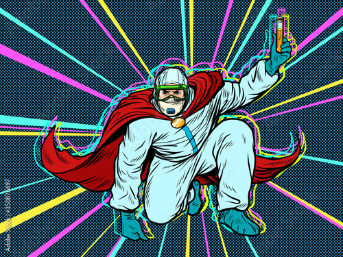 superhero doctor man with a vaccine medicine in protective suit, epidemic