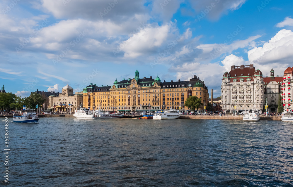 Panoramic view on buildings on Strandvagen embankment, Stockholm, Sweden. August 2018