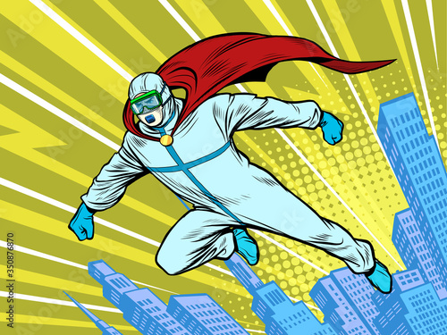 superhero doctor man protects the city in protective suit, epidemic