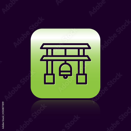 Black line Japan Gate icon isolated on black background. Torii gate sign. Japanese traditional classic gate symbol. Green square button. Vector Illustration