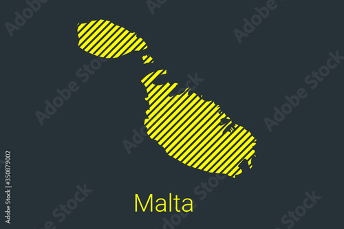 Map of Malta, striped map in a black strip on a yellow background for coronavirus infographics and quarantine area markers and restrictions. vector