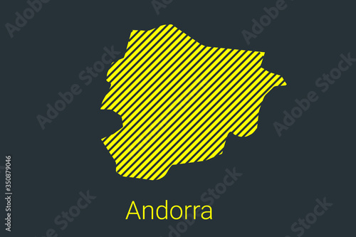 Photo Map of Andorra, striped map in a black strip on a yellow background for coronavirus infographics and quarantine area markers and restrictions