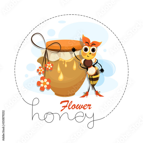 Flower honey. Proprietress bee. Hostess bee. Vector honey label, emblem design. Concept for organic honey products.