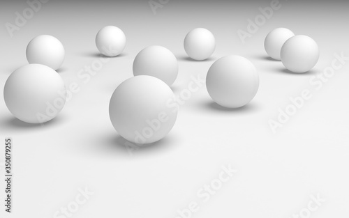 White abstract background. Set of white balls isolated on white backdrop. 3D illustration