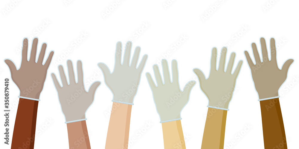 Hands of Various World Ethnicities People Protected with Gloves Antiviral Coronavirus Pandemy Devoted Concept - All Races Skintones on White Background - Mixed Graphic Design