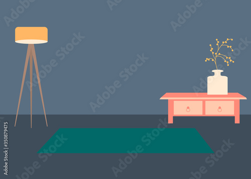 Vector interior flat design illustration. Home in colorful furniture of simple living room in trendy style. Design of a cozy room with house decor accessories and plants. Decorative elements