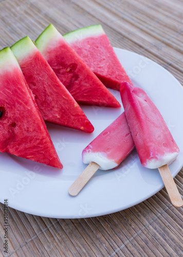 Dessert with watermelon and ice cream