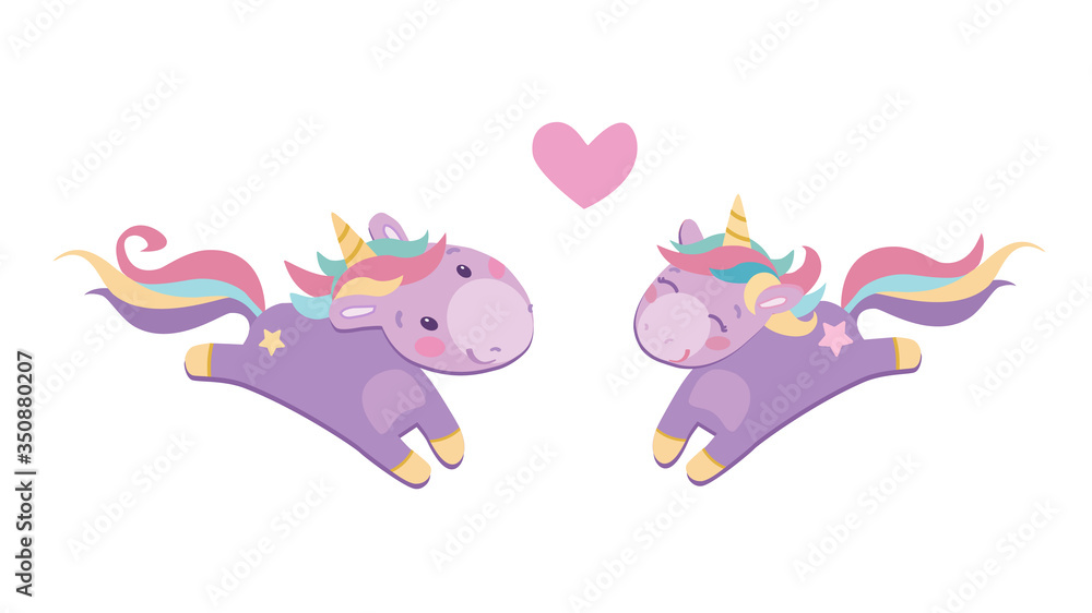 Two gentle unicorns with developing manes and ponytails, the boy runs to the girl. Between the horses a pink heart. Vector illustration for kids .and girls. Poster for Valentine's day