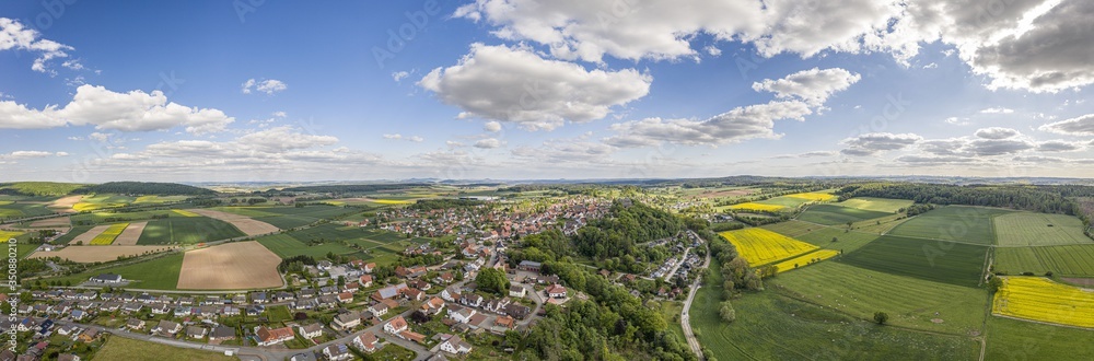 Panoramic drone picture of the town Diemelstadt in northern Hesse in Germany during daytime