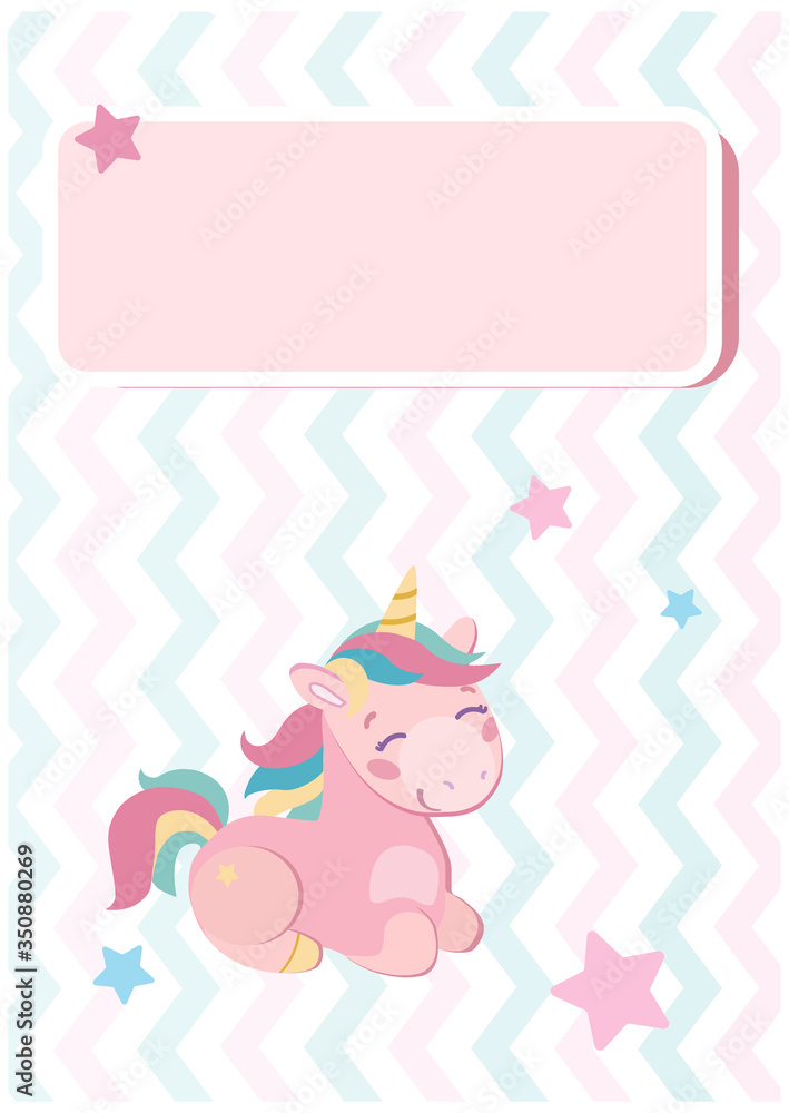 Stylish postcard with a delicate pink unicorn for the baby. Stars and zigzags around the horses are multi-colored purple, pink, blue . Vector illustration for kids. Holiday invitation, congratulation.