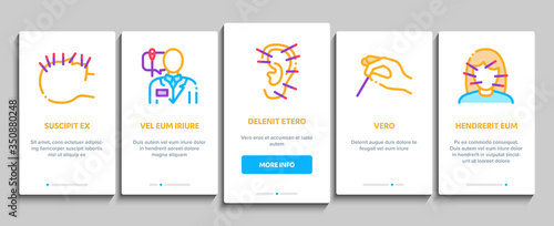 Acupuncture Therapy Onboarding Mobile App Page Screen Vector. Human Head And Hand, Ear, Face And Body Acupuncture, Doctor And Patient, Needles Tool Color Illustrations