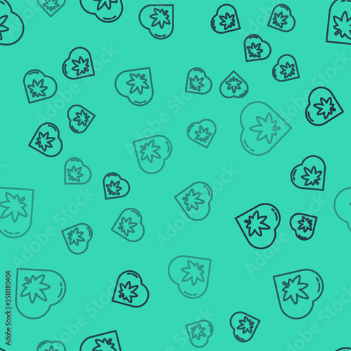 Black line Marijuana leaf in heart shape icon isolated seamless pattern on green background. Hemp symbol. Vector Illustration