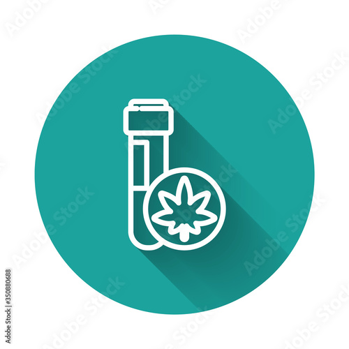 White line Chemical test tube with marijuana or cannabis leaf icon isolated with long shadow. Research concept. Laboratory CBD oil. Green circle button. Vector Illustration