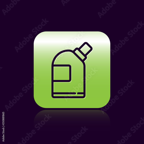 Black line Plastic bottles for laundry detergent, bleach, dishwashing liquid or another cleaning agent icon isolated on black background. Green square button. Vector Illustration