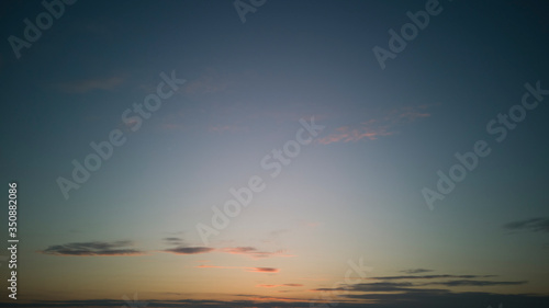 Clear almost cloudless sky at sunset or sunrise with minimum of light strokes of clouds  with light gradient from lower border in center.Horizontal banner texture.Abstract backdrop for site blog model