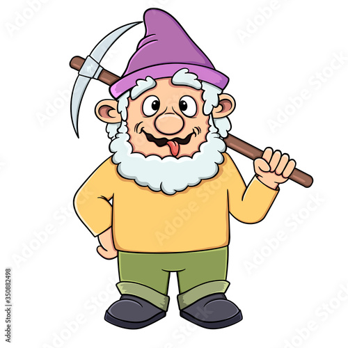 Funny cartoon gnome teasing shows tongue with a pickaxe in his hands.Vector isolated on white background. Stock illustration