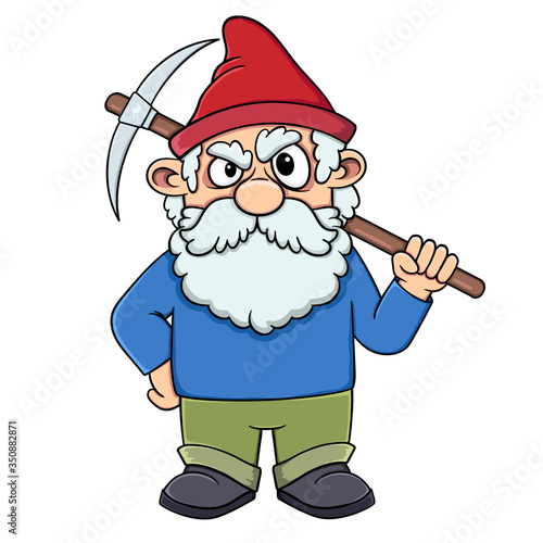 cartoon old dwarf with a pickaxe in his hands.vector isolated on white background. stock illustration
