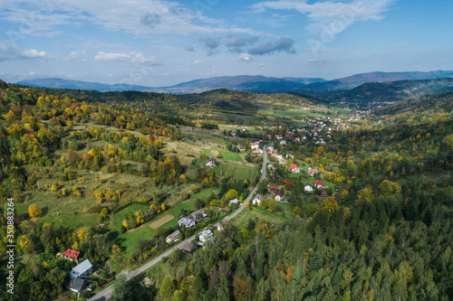 Fototapeta Naklejka Na Ścianę i Meble -  Beskid mountains in Zywiec Poland, Polish mountains and hills aerial drone photo