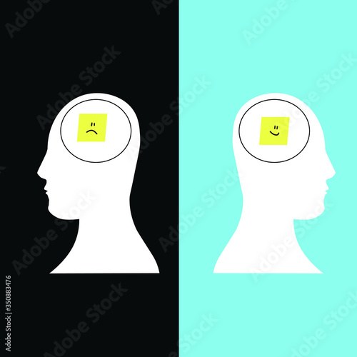 bad and good emotions, bad and good thinking, negative thinking, positive thinking, bad thoughts and good thoughts in the human head ,the head of a person with good emotions and bad