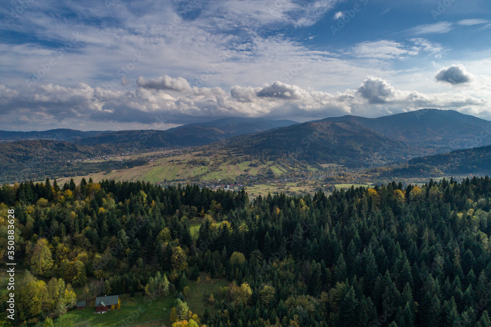Beskid mountains in Zywiec Poland, Polish mountains and hills aerial drone photo Beskid mountains in Zywiec Poland, Polish mountains and hills aerial drone photo