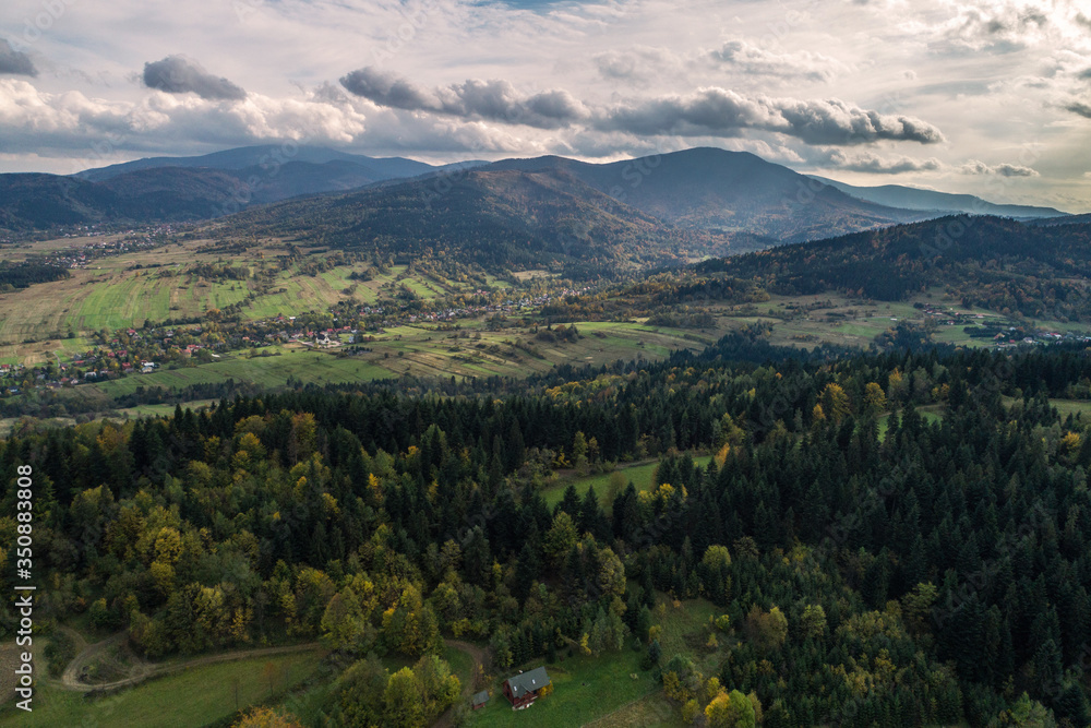 Beskid mountains in Zywiec Poland, Polish mountains and hills aerial drone photo