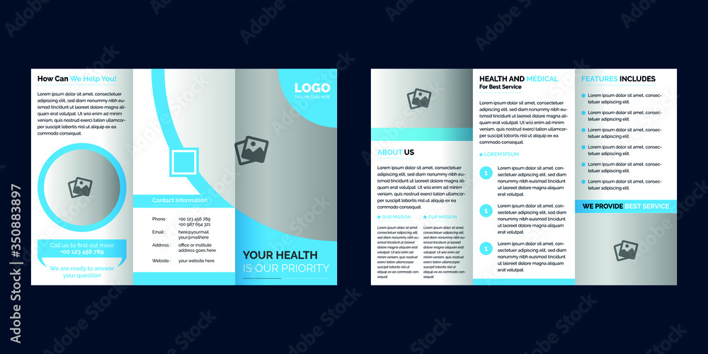 Template tri-fold brochure printing and advertising. Design flyers with round and rectengle elements for photos