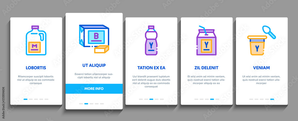 Dairy Drink And Food Onboarding Mobile App Page Screen Vector. Dairy Cheese And Ice Cream, Fresh Milk And Butter, Yogurt And Breakfast Porridge Color Illustrations