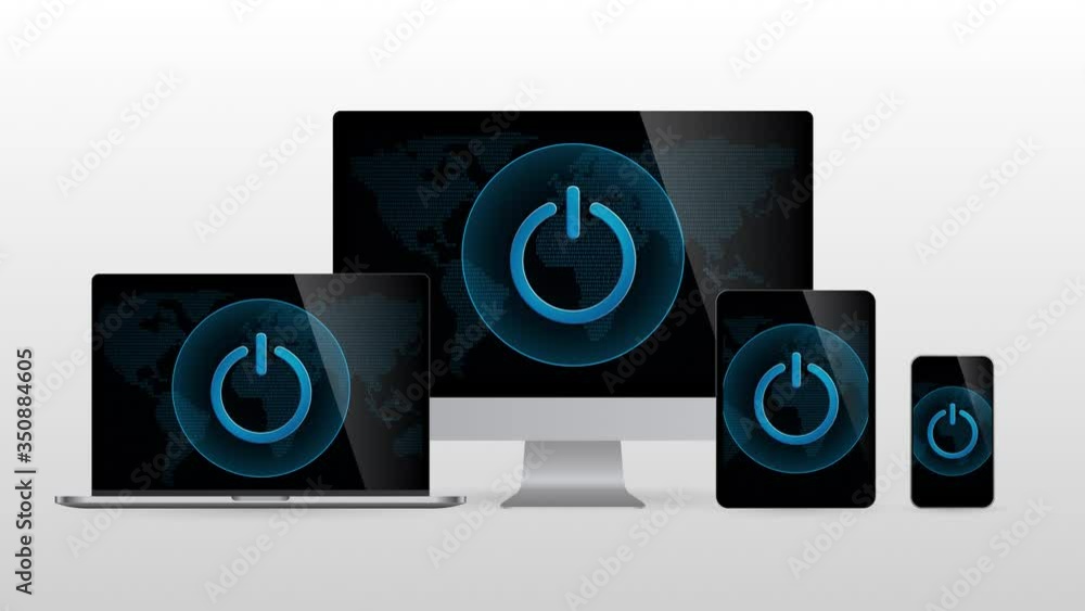 Digital world devices with power switch button. Realistic set of computer monitors with Power icon in screen and light gradient background. Digital world devices with power switch button. Realistic set of computer monitors with Power icon in screen and light gradient background.