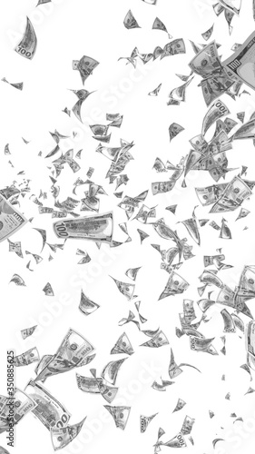 Flying dollars banknotes isolated on white background. Money is flying in the air. 100 US banknotes new sample. Black and white style. 3D illustration