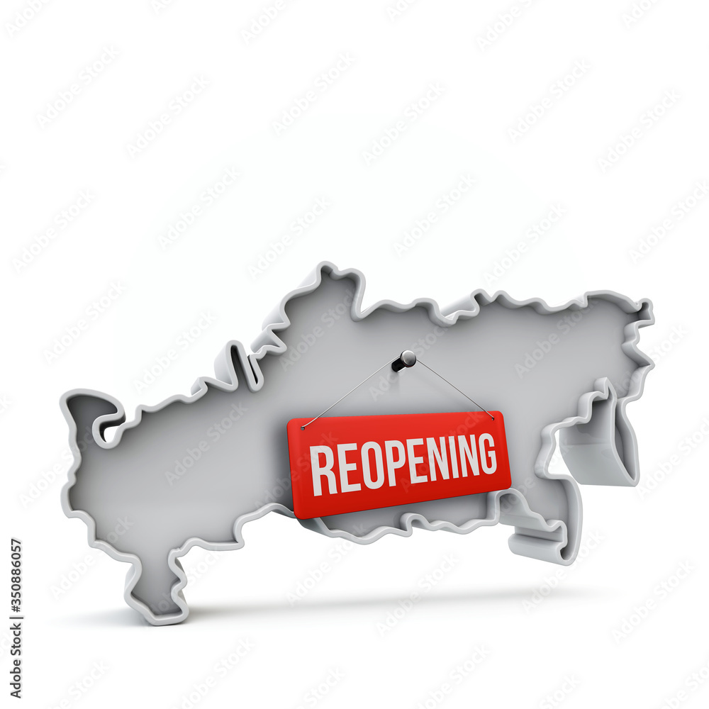 Russia map with red reopening sign after quarantine. 3D Rendering